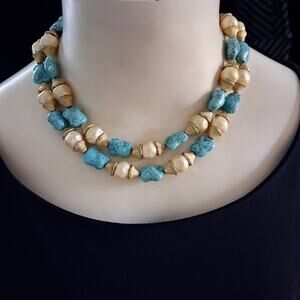 Vintage TRIFARI Necklace Choker Faux Pearl Turquoise Gold Tone 20" Double Strand